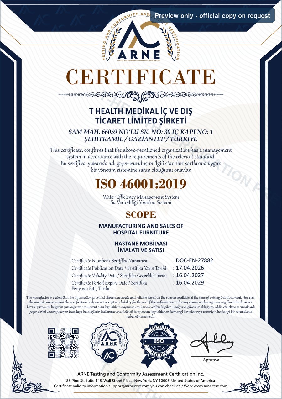 T-HEALTH ISO 46001 Water Efficiency Management System certificate preview